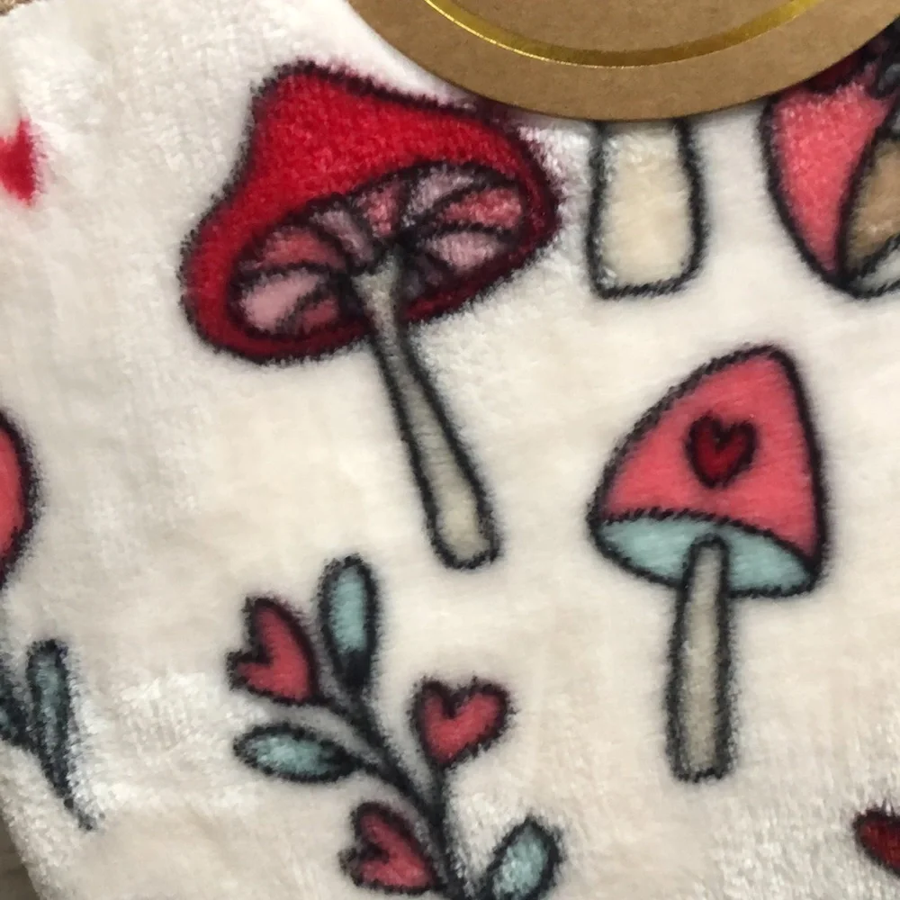 MUSHROOM and HEARTS Plush Queen Blanket